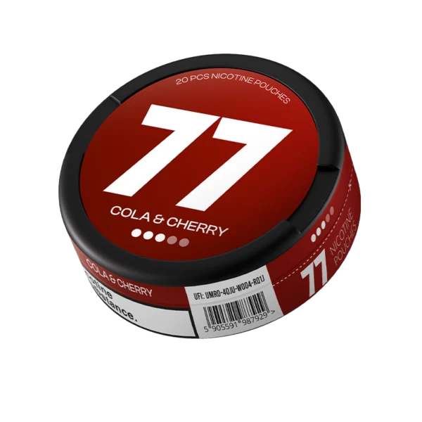 77 Cola & Cherry nicotine pouches European market angled view