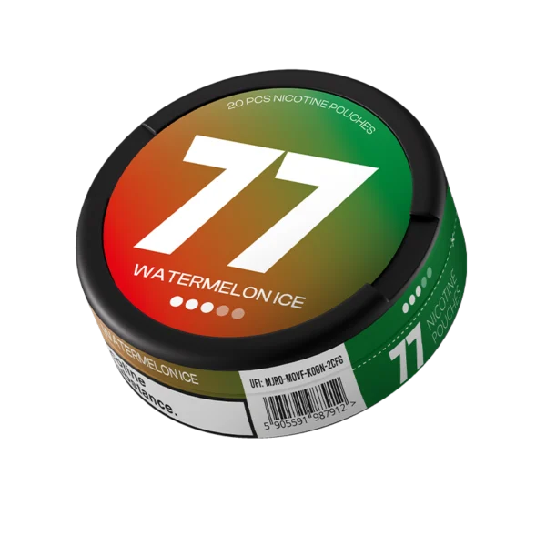 77 Watermelon Ice nicotine pouches European market angled view