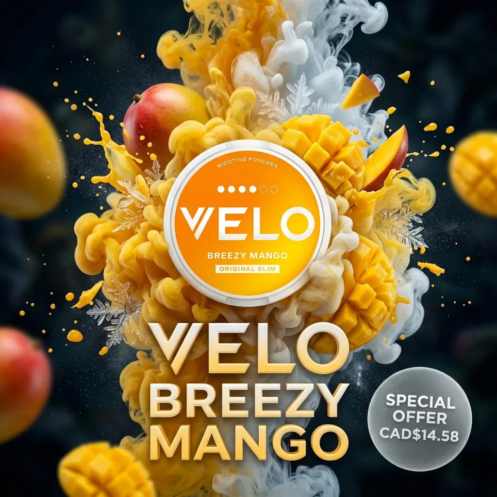 VELO-Breezy-Mango supplied by canpouch, the premier Canadian local distributor of premium flavored white pouches. Authentic products with fast domestic shipping across Canada.