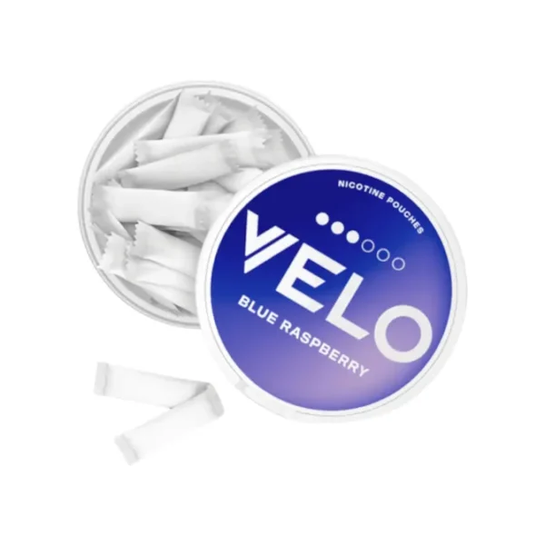VELO Blue Raspberry 8mg open can with nicotine pouches