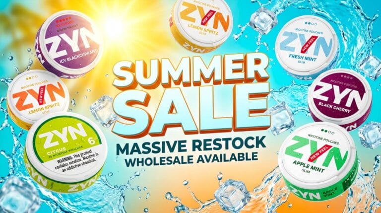 ZYN nicotine pouches wholesale Summer Sale in Canada promotional banner featuring bulk cans.