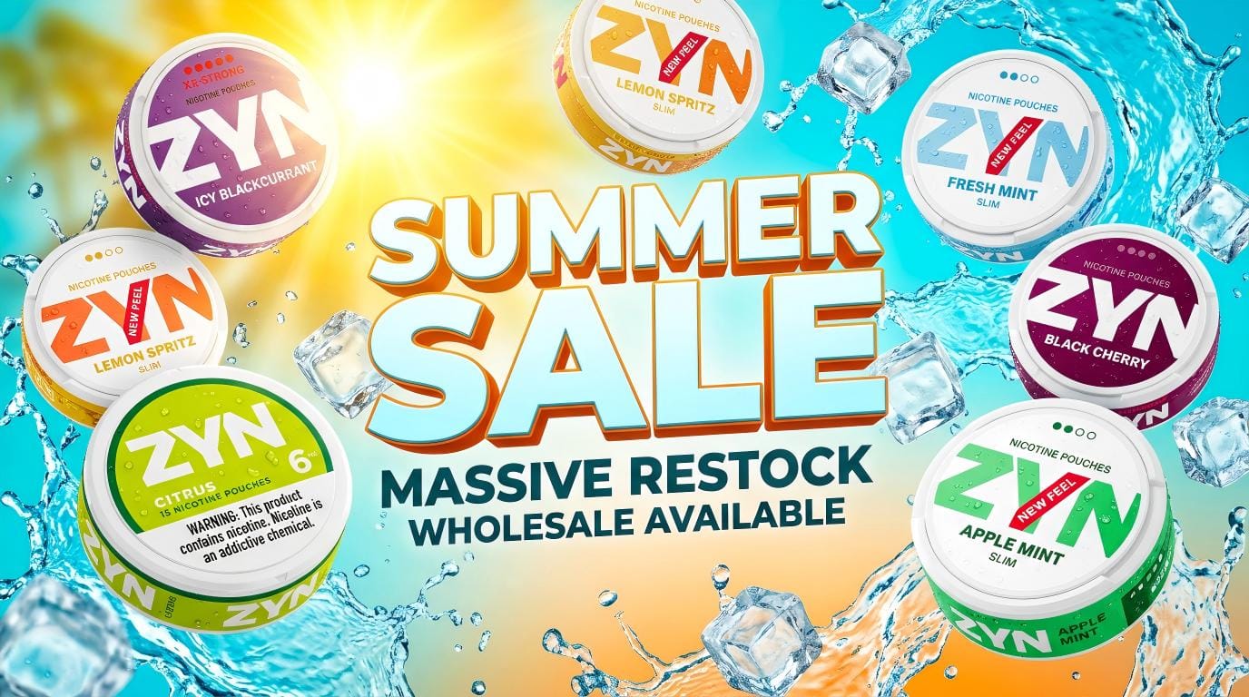 ZYN nicotine pouches wholesale Summer Sale in Canada promotional banner featuring bulk cans.