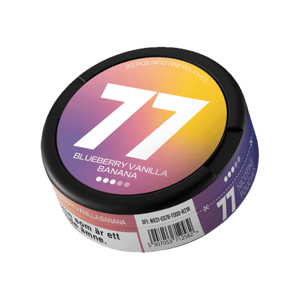 77 Blueberry Vanilla Banana nicotine pouches European market angled view