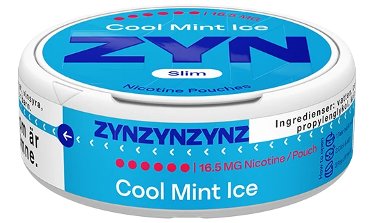 ZYN Cool Mint Ice 16.5mg nicotine pouches Sweden label view